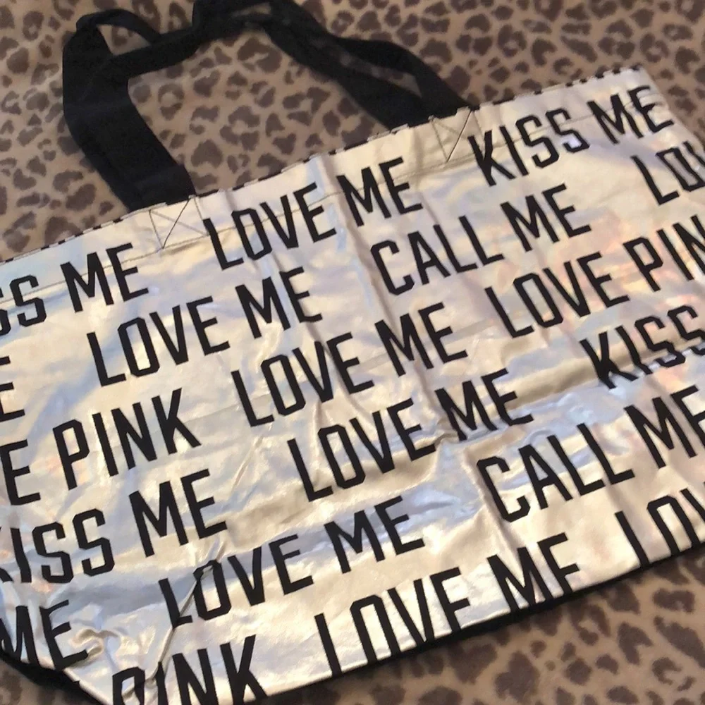 Victoria’s Secret Silver Metallic Love Me Kiss Me Call Me Tote Bag